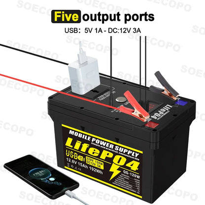 SOECOPO 12V 15Ah Portable Lithium Iron Phosphate Battery Emergency with Plug and Play Universal Socket 2 X USB for RV Camping