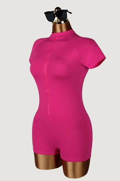 STYLISH LADY Embroidery Yoga Workout Bodysuit 2026 Summer Women High Stretch Zip Front Short Sleeve Sports One Piece Romper