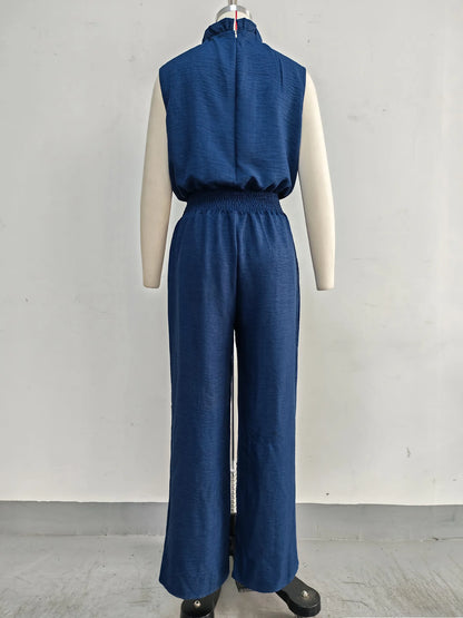 Summer Fashion Elastic Waisted Wide Leg Jumpsuit Women's Sleeveless Sexy Deep V-Neck Lace-up Loose Pockets Female Rompers 2026