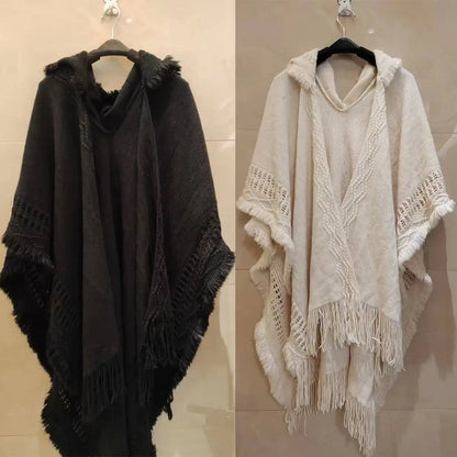 Wedding Party Cloak Hooded Knitted Shawl Bohemian Winter Warm Ladies Tassel Cape Oblique Stripe Wraps Scarf Coat