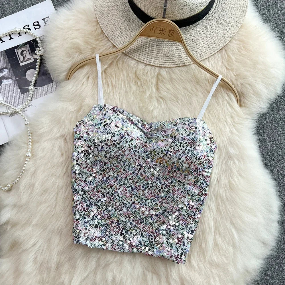Sexy Sequin Party spaghetti Croset Bustier backless Slim Tanks and Camis Strap Glitter Crop Top Fashion Summer Women Clothes Y2k