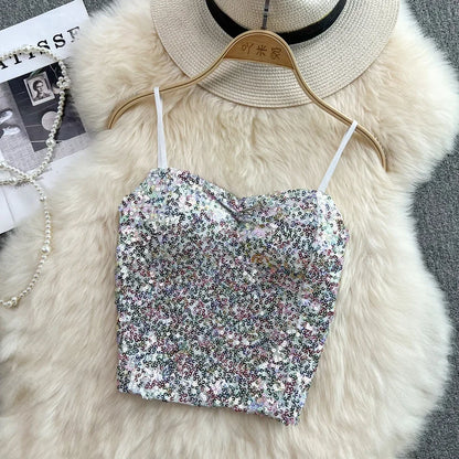 Sexy Sequin Party spaghetti Croset Bustier backless Slim Tanks and Camis Strap Glitter Crop Top Fashion Summer Women Clothes Y2k