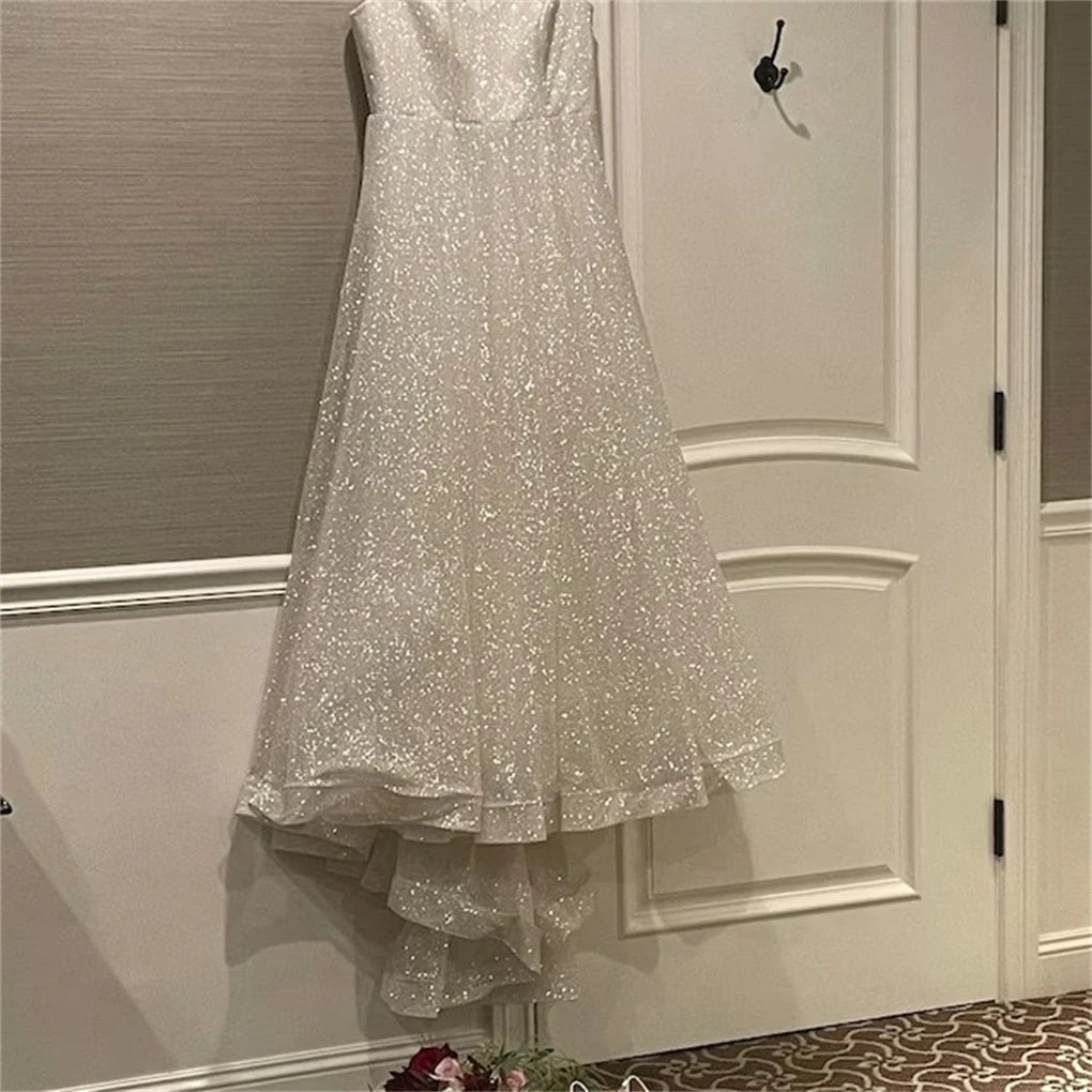 Spaghetti Straps Shinny Wedding Dress A-line V Neck Glitter Bridal Gown For Wedding Party Bride Dresses Custom Made Sequined