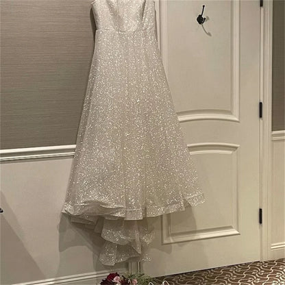 Spaghetti Straps Shinny Wedding Dress A-line V Neck Glitter Bridal Gown For Wedding Party Bride Dresses Custom Made Sequined