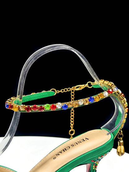 Vemus Chan 2026 New Shiny Italian Fashion Women’s Pointed Toe Heels with Rhinestone Detailing & Matching Green Color Bag Set