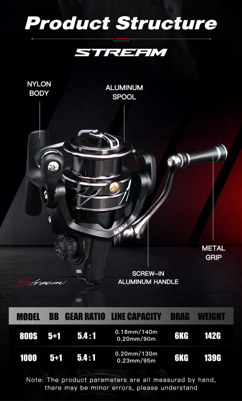 SEASIR Stream Spinning Reel 139g Ultralight Carbon Washers Max Drag 6Kg 5+1BB 5.4:1 Gear Ratio Fishing Wheel