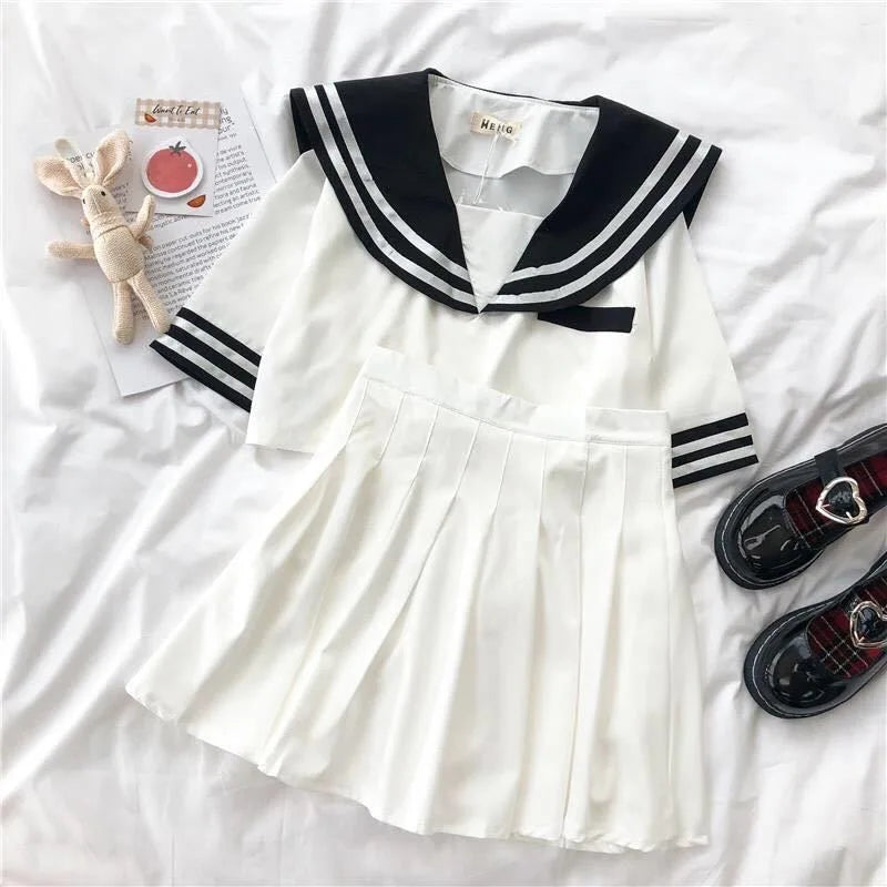 Japanese New Sailor Suit White and Navy Summer Women Student JK Uniform Suit College Style Girls Short Top Pleated Skirt Sets