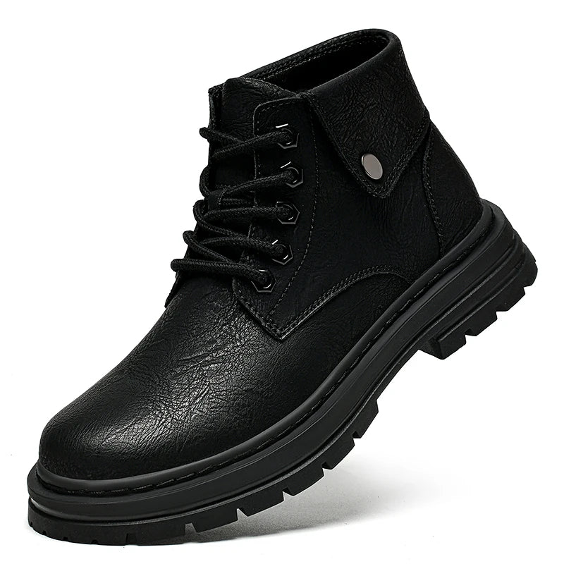 Genuine Leather Mens Motorcycle Boots Handmade Retro Men Ankle Boots Man Winter Plush Snow Botas Outdoor High Top Shoes Sneakers