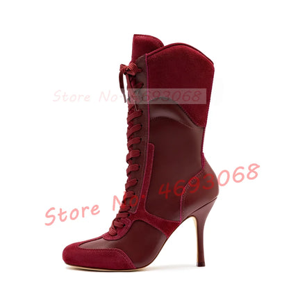 Grey White Splicing Suede Sneaker Boots Women Chic Round Toe Mixed Color High Heels Shoes Women Newest Lace Up Party Ankle Boots
