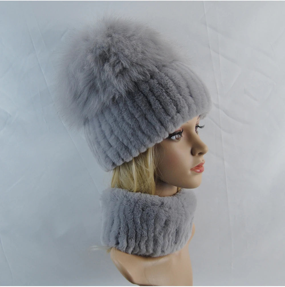 New Winter Lady Brand Hand Make Real Genuine Fox Fur Hat Scarf Girls Natural Real Rex Rabbit Fur Ring Cap Real Fur Scarves Hats