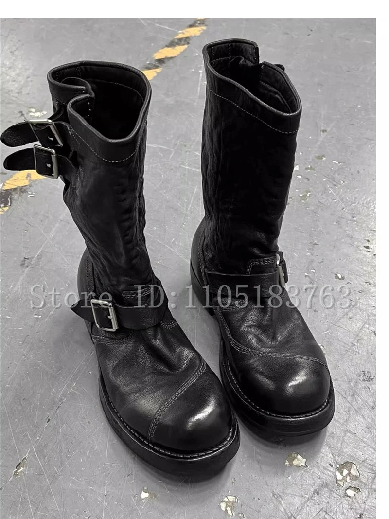 Vintage Big Toe Black Leather Motorcycle Boots Men New Fashion Buckle Strap Mid Calf Knight Boots Western Cowboy Shoes