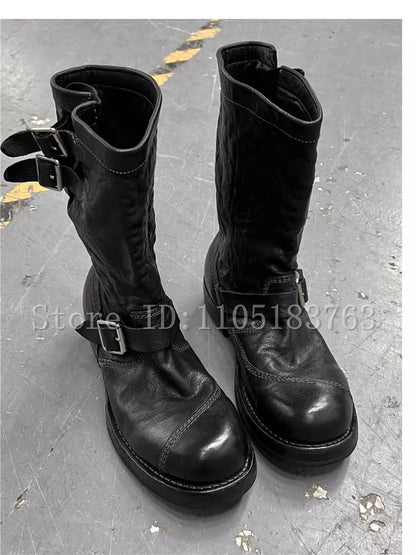 Vintage Big Toe Black Leather Motorcycle Boots Men New Fashion Buckle Strap Mid Calf Knight Boots Western Cowboy Shoes