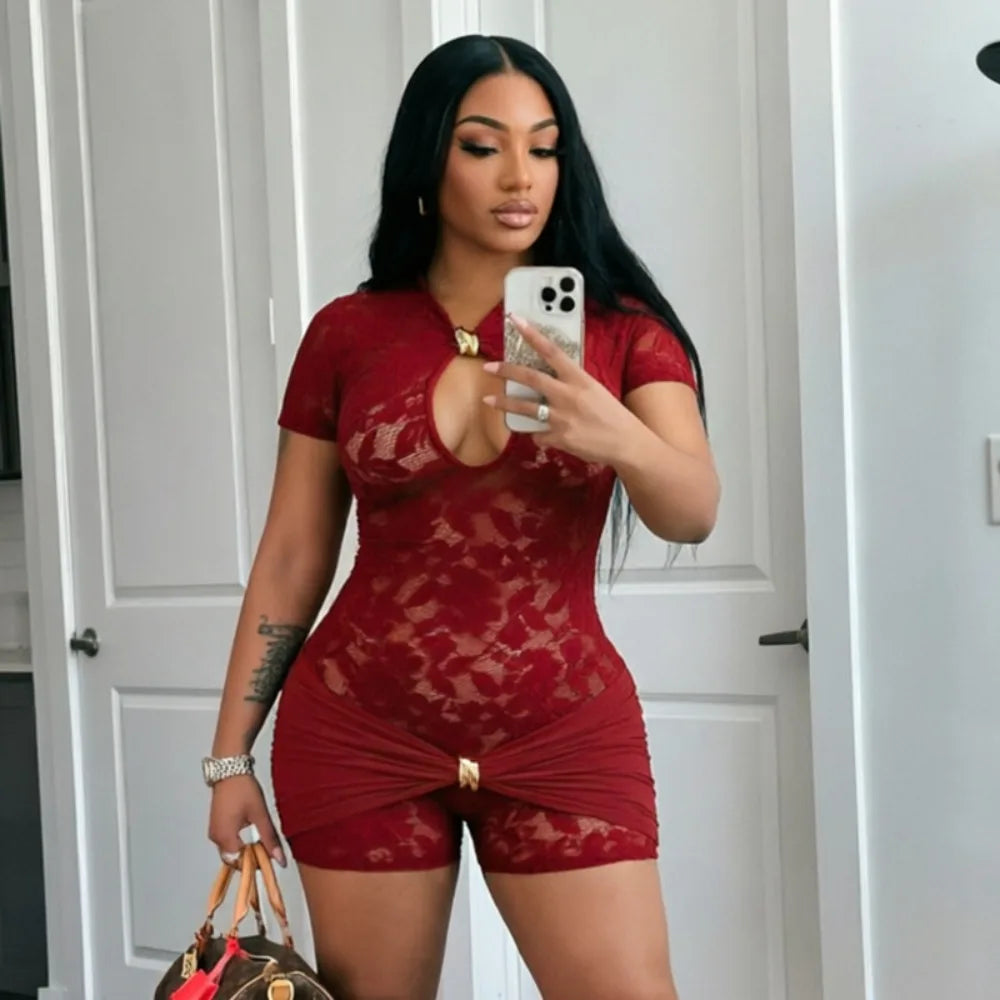 FLARORA Sexy Lace See Through Rompers Woman Hollow Metal Buckle V Neck Short Sleeve Ruched Patchwork Skinny Peach Hip Playsuits