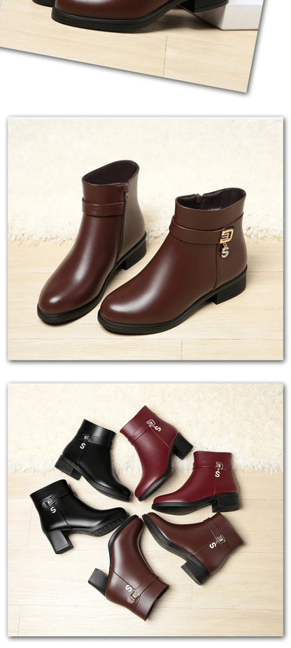 High-Heeled Leather Shoes Spring Single Shoes Thick Heel Thick Sole Slip-On Women's Shoes Square Toe Middle-Aged Mother's Shoes