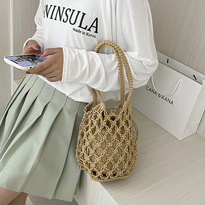Summer Beach Bag For Women Mesh Rope Knitted Bucket Shoulder Bags  Reticulate Hollow Travel Shopper Totes Ladies Fashion Handbag