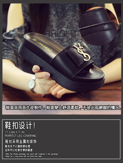 2025 Summer New Women's Fashion Letter Designer Sandals Casual Thick Bottom Round Toe Leather Beach Shoes Женские Сандалии