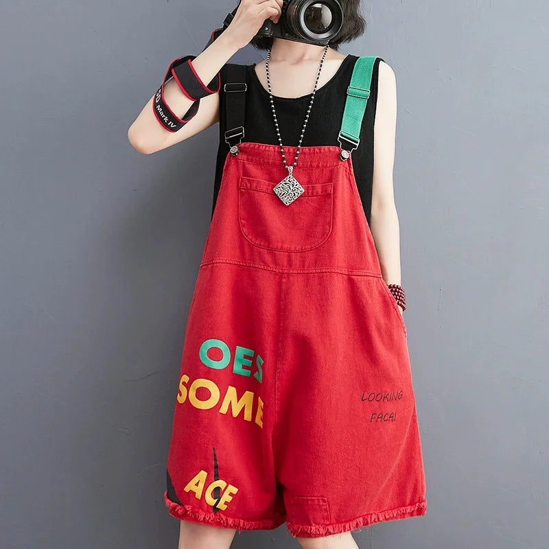 Large Size Letter Printed Jeans Jumpsuit Women New Summer Korean Loose Casual Rompers Wide Leg Denim Short Pants Overalls Pants
