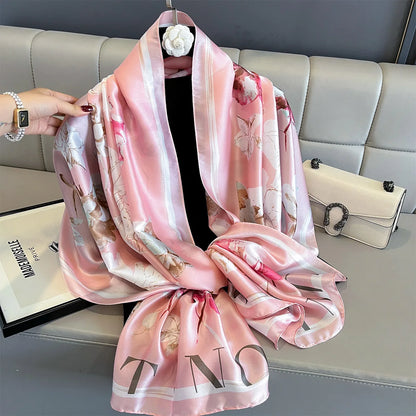 180*90cm Large Silk Satin Scarf Women Fashion Printed Scarf Spring And Summer Styles New Shawl Wrap Female Hand 2025 NEW