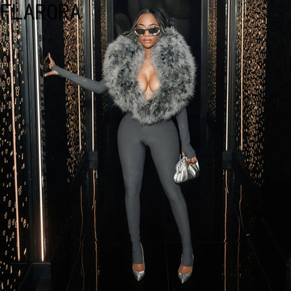 FLARORA Luxury Faux Fur Furry Patchwork Jumpsuits Woman Deep V-Neck Long Sleeve Slim One Piece Rompers Midnight Party Clubwear
