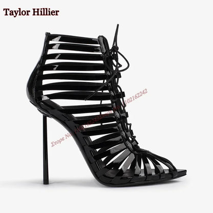 Black Hollow Lace-Up Sandals Pointed Toe Stiletto Back Zipper Breathable High Heel Women'S Boots Fashion Party Modern Boots 43