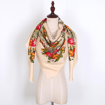 Russian Women Big Size Square Scarf Luxury Floral Print Bandana Wraps Female Retro Short Tassel National Shawl