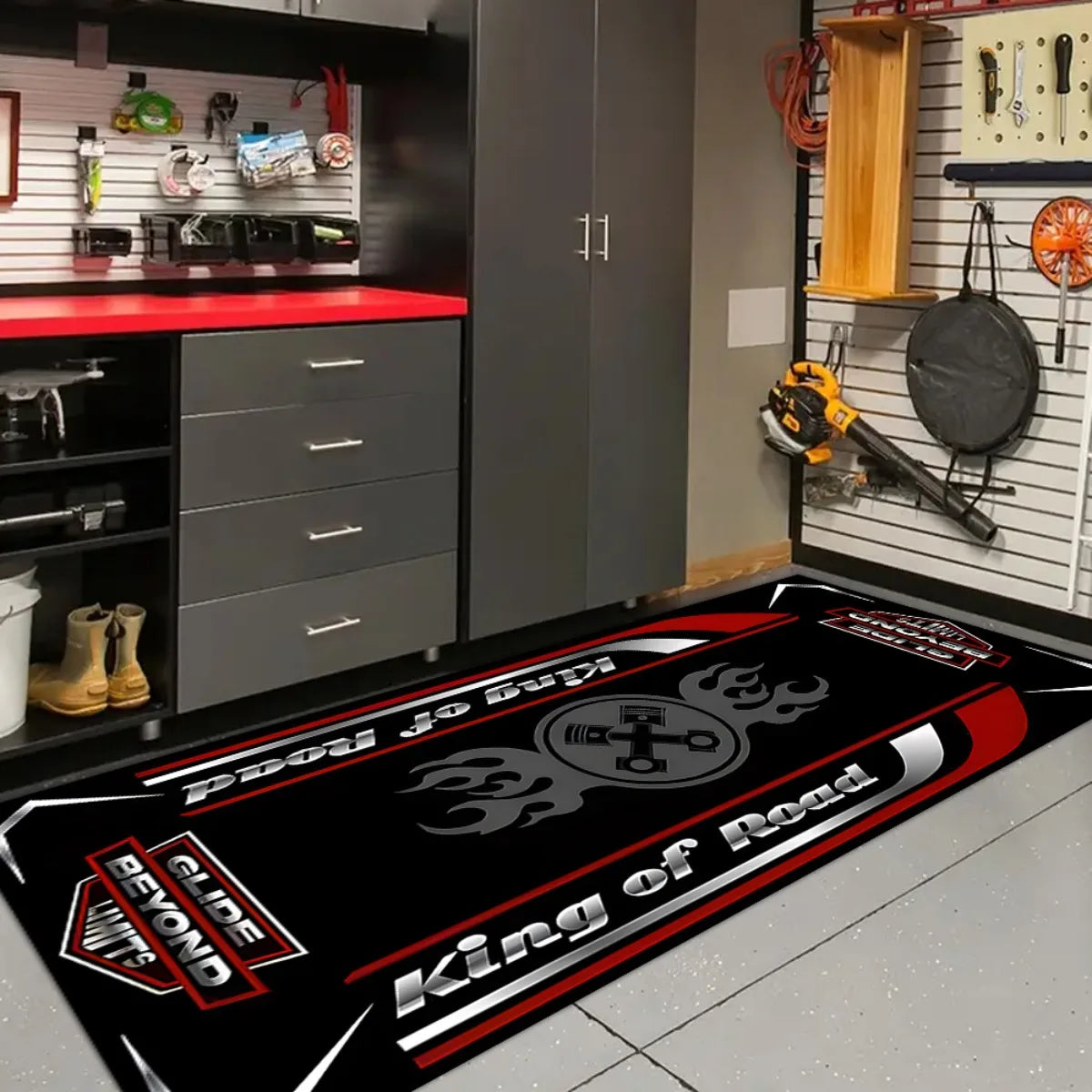 VIKAMA Motorcycle Display Mat King of the Road Non Skid Oil Proof Garage Rug for Boys Bedroom E-Sports Room Decoration