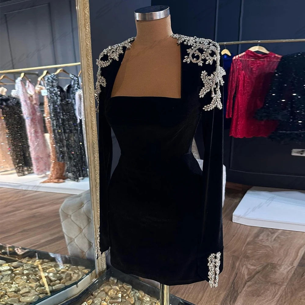 2025 Fascinating Square Collar Evening Dresses Exquisite Sparkling Beading Sexy Mermaid Customized Long Sleeves Short Prom Gowns
