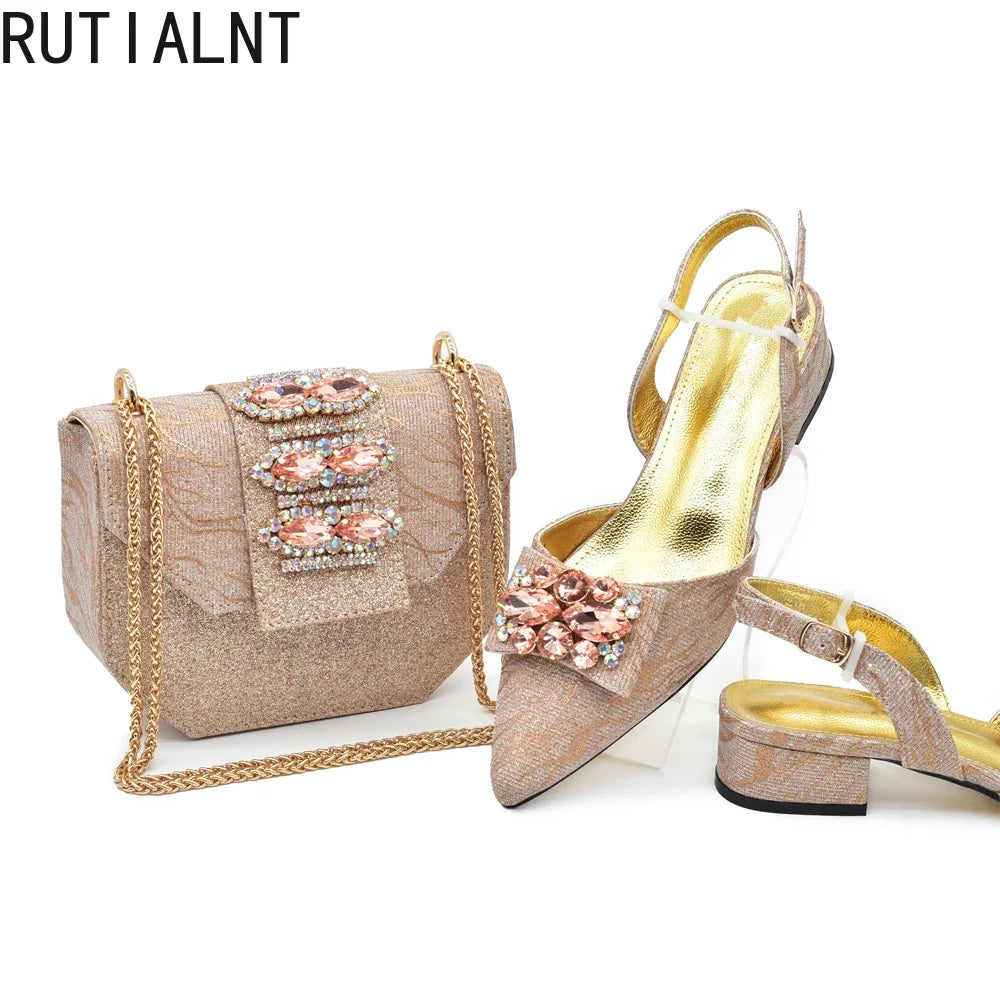 Latest Party Shoes and Bags To Match for Nigerian Elegant Luxury Low Heels Pointed Toe Rhinestone Shoe and Bag Set for Wedding