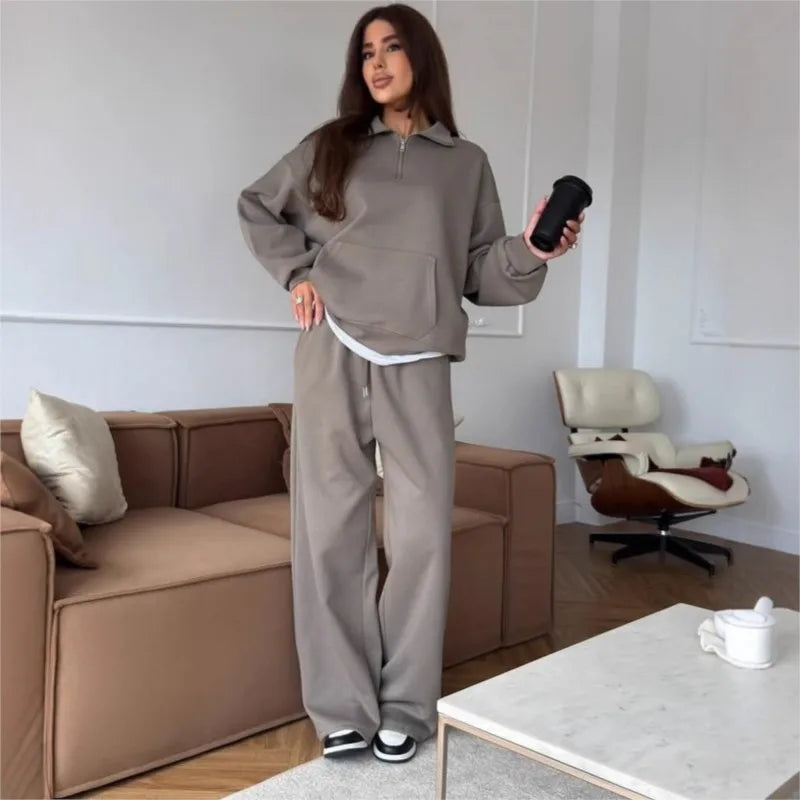 Women 2 Piece Tracksuit Solid Pocket Half Zip Sweatshirt And Jogger Pants Set Autumn Winter Pullover Casual Sports Outfits