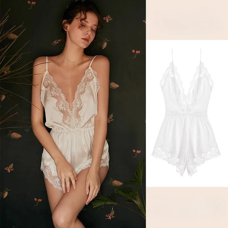 Sexy Pajamas Women's Onesies New Ice Silk Lace Suspender One-piece Bodysuits Soft Satin Emboridery Underwear Adult Onesie