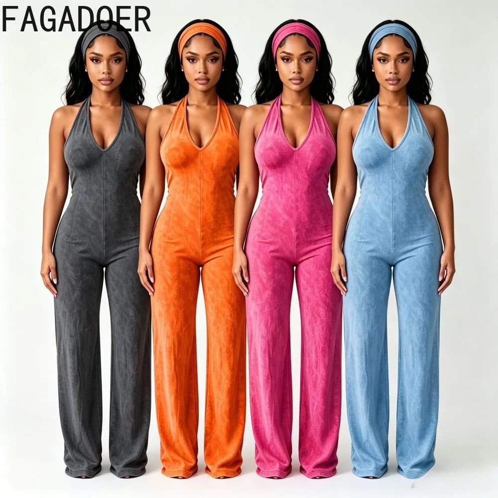 FAGADOER Fashion Solid Color Off Shoulder Halter Jumpsuits Sexy Back Hollow Out Ruched Rompers Casual Sports Fitness Playsuits