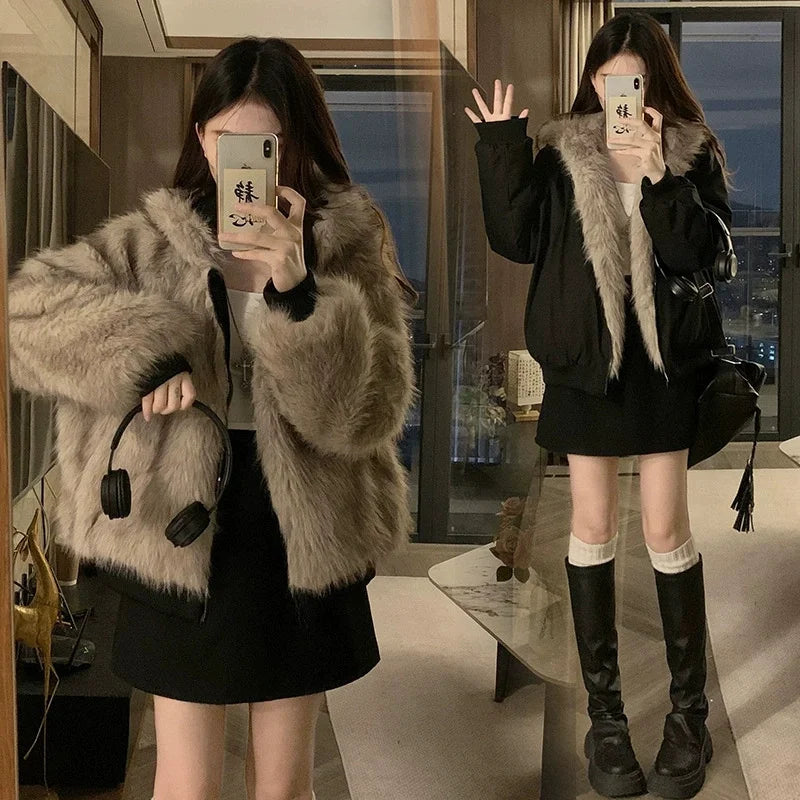 Double Sided Winter Coat Women Clothing Imitation Mink Fur Fur Hooded Cotton Jacket Female Warm Plush Cotton-padded Outerwea New