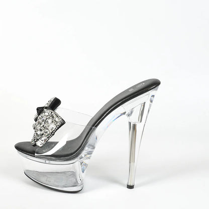 Summer Bowkont High Heels Slip-on Slippers Women Luxury Rhinestone Thick Platform Sandals Transparent PVC Crystal Shoes Size 43