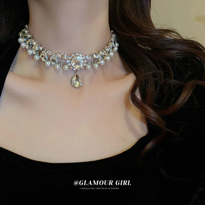 Crystal Rhinestone Oval Multi Layered Beaded Pearl Chokers Necklaces for Women Charms Temperament Elegant Necklace Noble Jewelry