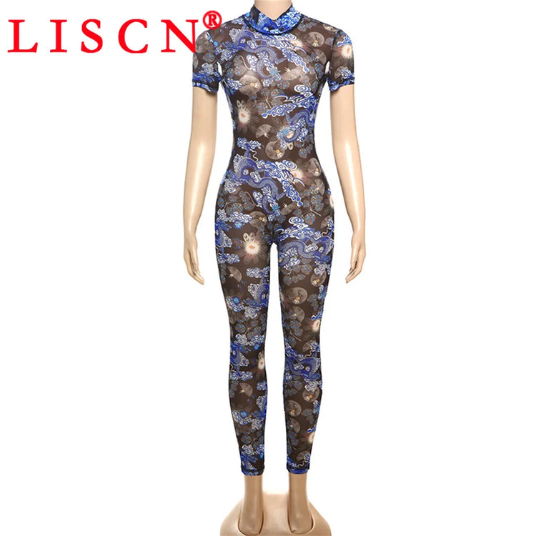 10 Wholesale Items Jumpsuits Women Summer 2025 Short Sleeve Bodycon Sexy Y2k Printing Mesh See Through Backless Rompers K15151