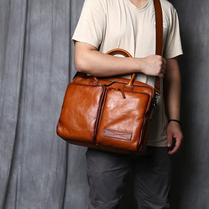 Retro Leather Men's Briefcase Top Layer Leather Handbag Casual Shoulder Messenger Bag Business Laptop Bag Trendy Men's Bag NZPJ