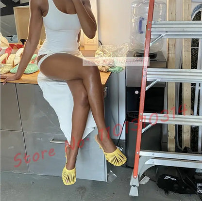 Cage Round Toe Metallic Mules Women New In Sexy Luxury High Heel Shoes Female Thin Strap 2023 Summer Elegant Chic Solid Slippers