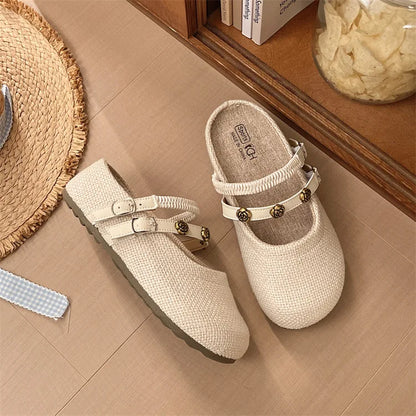 Women's Woven Mary Jane Mules Flat Round Toe Slip-On Shoes with Buckle Straps and Rose Hardware Casual Balletcore Summer Sandals