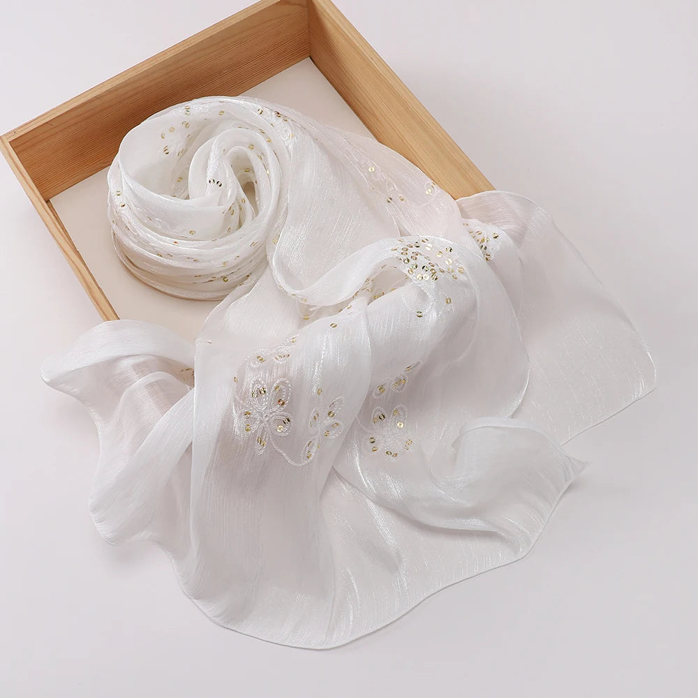 Elegant Embroidery Glitter Shimmer Hijab Shawl Pleated Glitter Chiffon Shawl Lightweight Crinkle Flowy Plain Hijab Scarves