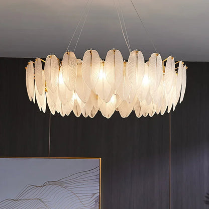 Luxury Villa Led Chandelier Feather Glass Gold Metal for Living Dining Table Room Bedroom Pendant Lights Home Decor Lustre Lamp