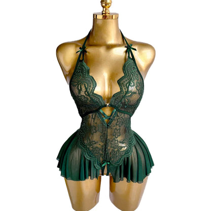 Sexy Crotchless Lingerie Women Lace Hollow Bodysuit Pajamas Teddy Babydolls Deep V Underwear