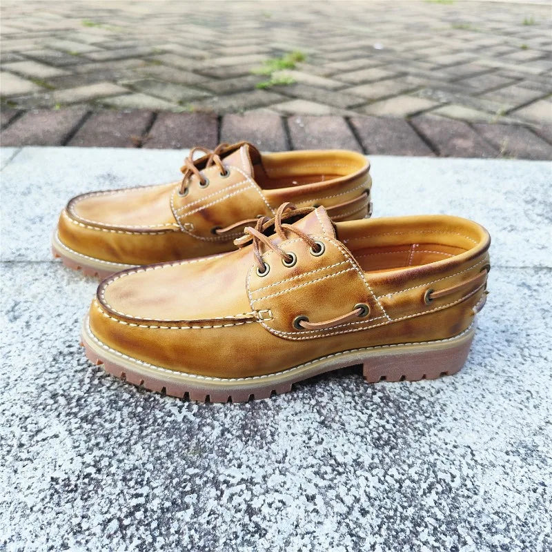 Handmade Cowhide Vintage Men Work Shoes British Outdoor Hiking Casual Leather Shoes Commuting Dress Shoes Loafers Sneakers