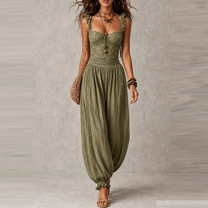 Women Elegant Ruffle Waist Solid Playsuit Overalls Casual Sleeveless Long Romper Sexy V-neck Lace Trim Spaghetti Strap Jumpsuits
