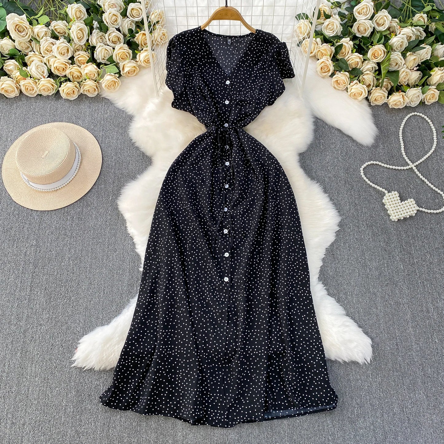 Summer Women Polka Dot Long Dress Vintage V-Neck Flying Sleeve High Waist Single Breasted A-Line Casual Vestidos Female Robe New