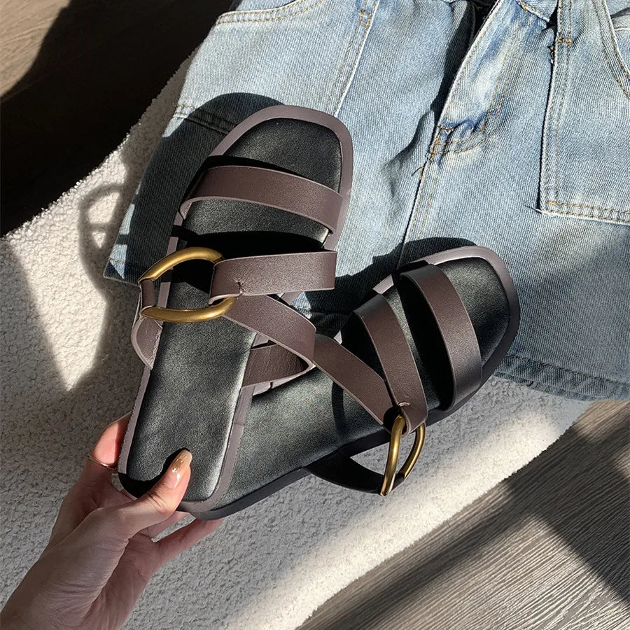 Metal Ring Summer Half Slippers Women Flat Beach Shoes Casual Outside Slides Black Designer Gladiator Sandals Luxury Footwear