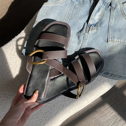 Metal Ring Summer Half Slippers Women Flat Beach Shoes Casual Outside Slides Black Designer Gladiator Sandals Luxury Footwear