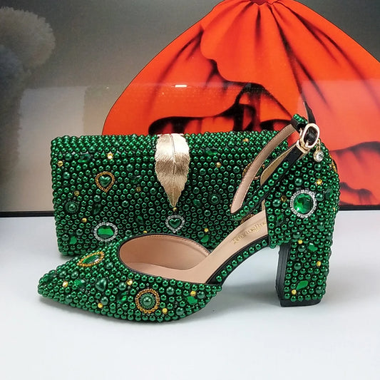 Fashion New Arrival Green Pearl Bridal Shoes and Bag Set Woman Party Dress Shoes Big Size Ankle Strap Buckle Shoes High Pumps