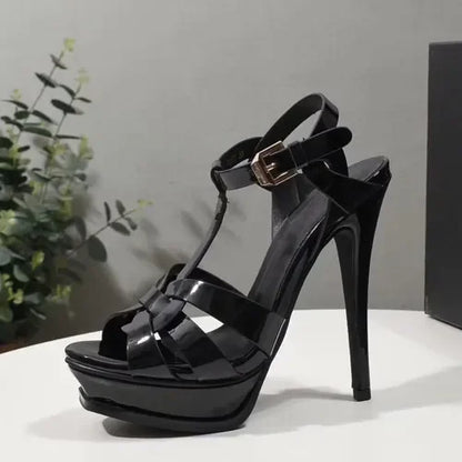 Platform Shiny Leather Cage Sandals Women Open Toe Ankle Strap High Heels Sandals Lady Stone Pattern Sexy Elegant Luxury Shoes