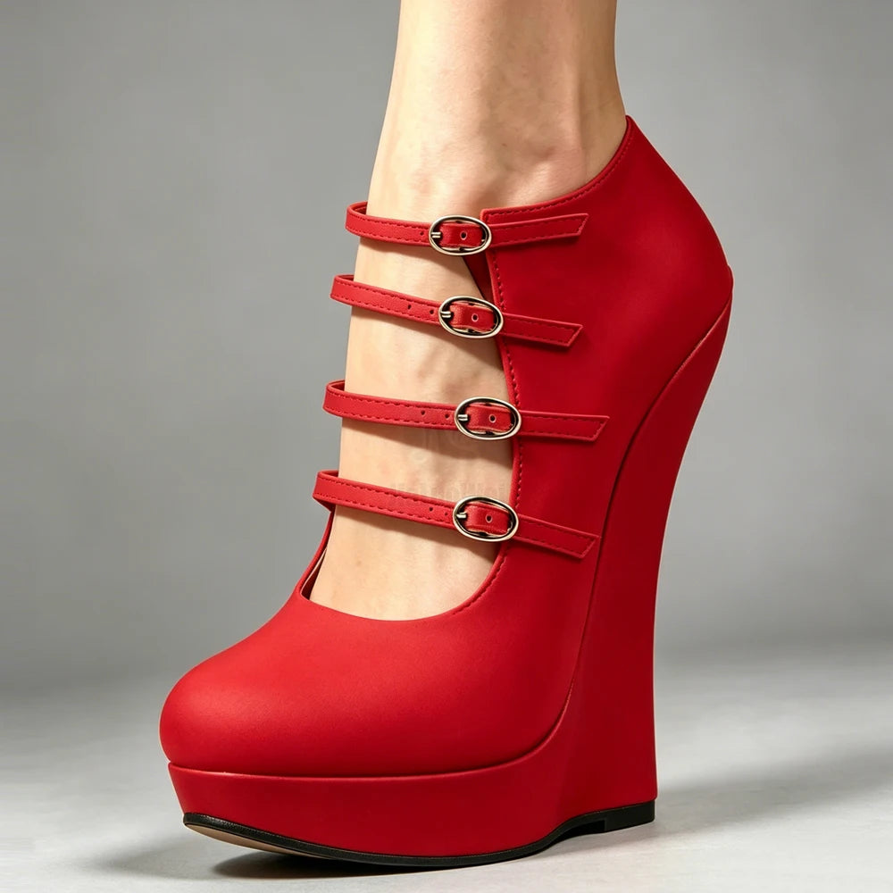 Blue PU Leather 6 Inch Wedge Sandals Women Sexy Multi Strap Buckle High Heel Platform Pumps Gothic Fetish Plus Size Shoe