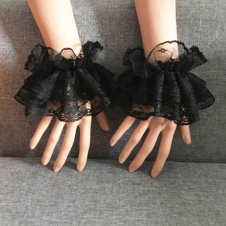 Lolita Short Hand Sleeve Gloves Steampunk Lolita Hand Sleeve Wrist Cuffs Ruffled Floral Lace Elastic Bracelet Clothing Accessory